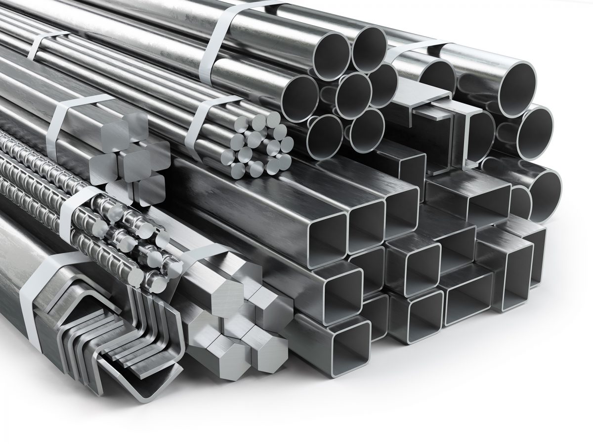 Different metal products. Stainless steel profiles and tubes. 3d illustration